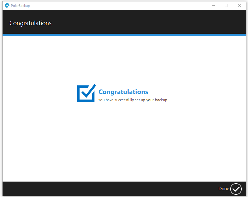 Polarbackup showing "congratulaions" message