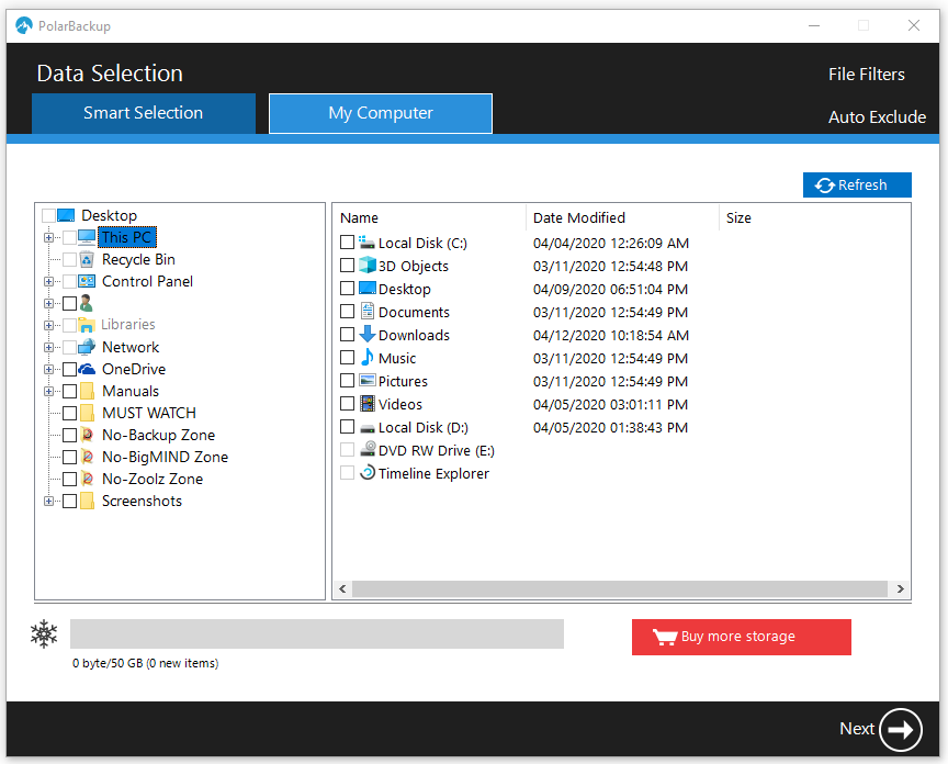 Polarbackup data selection 