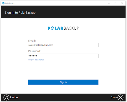 Polarbackup sign in page