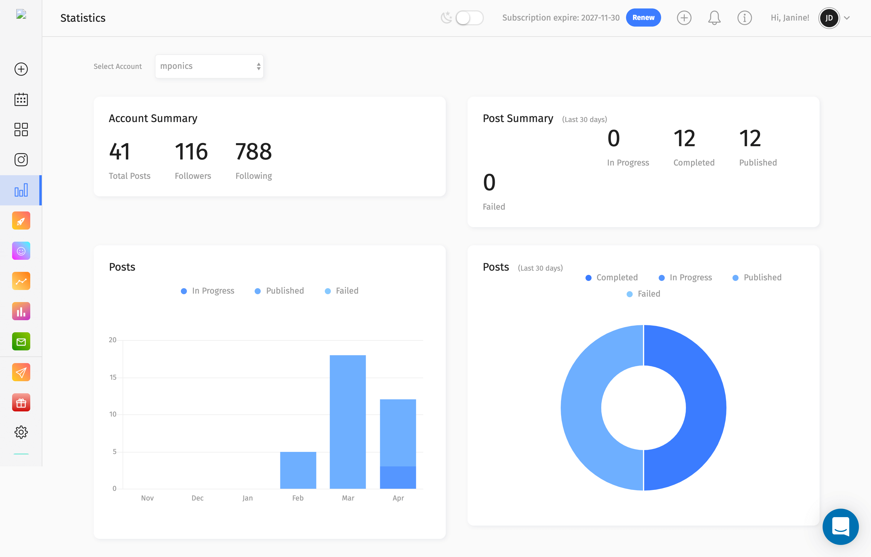 Postable Instagram Automation & Scheduling Tool - Account Summary