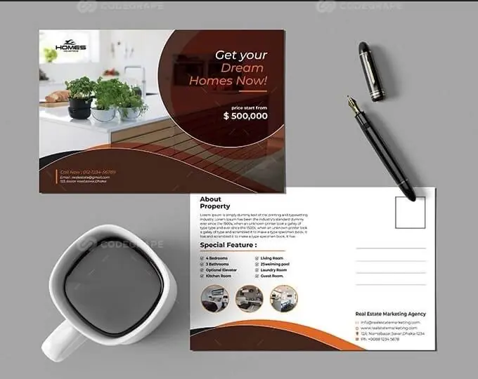 Invite card template displaying information about a property