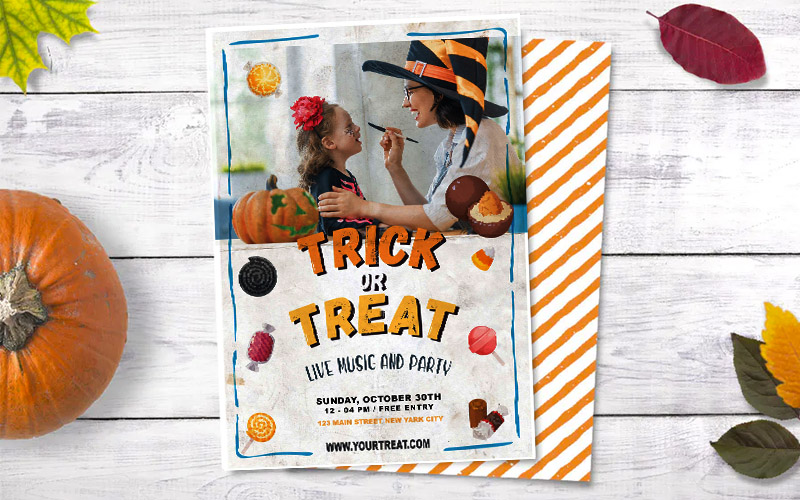 Halloween party flyer with halloween theme text and colors with trick or treat text