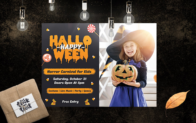 Halloween party invite template preview with halloween text and a girl holding a pumpkin with a witch costume