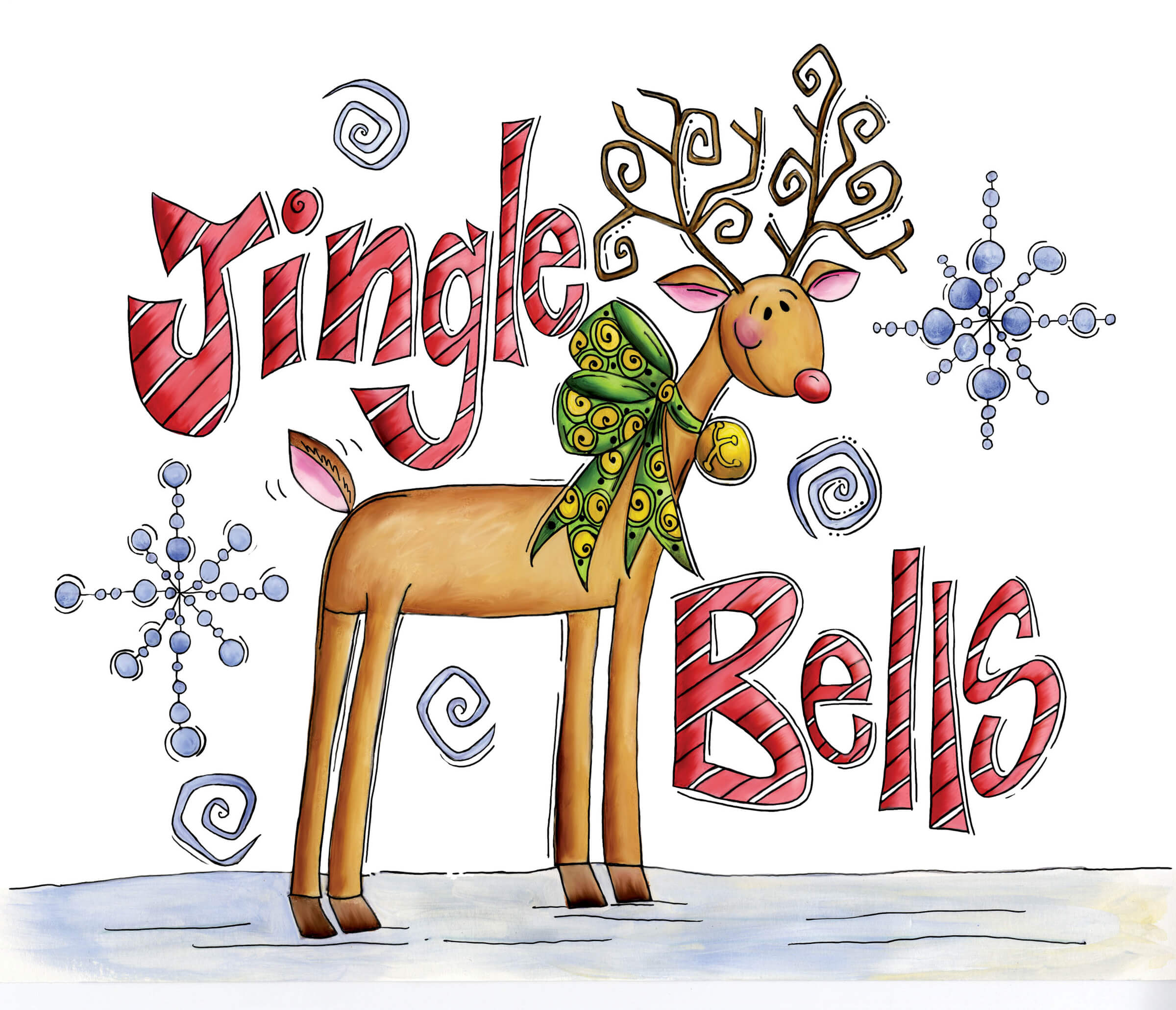 Cute card with deer drawn and jingle bells written on it