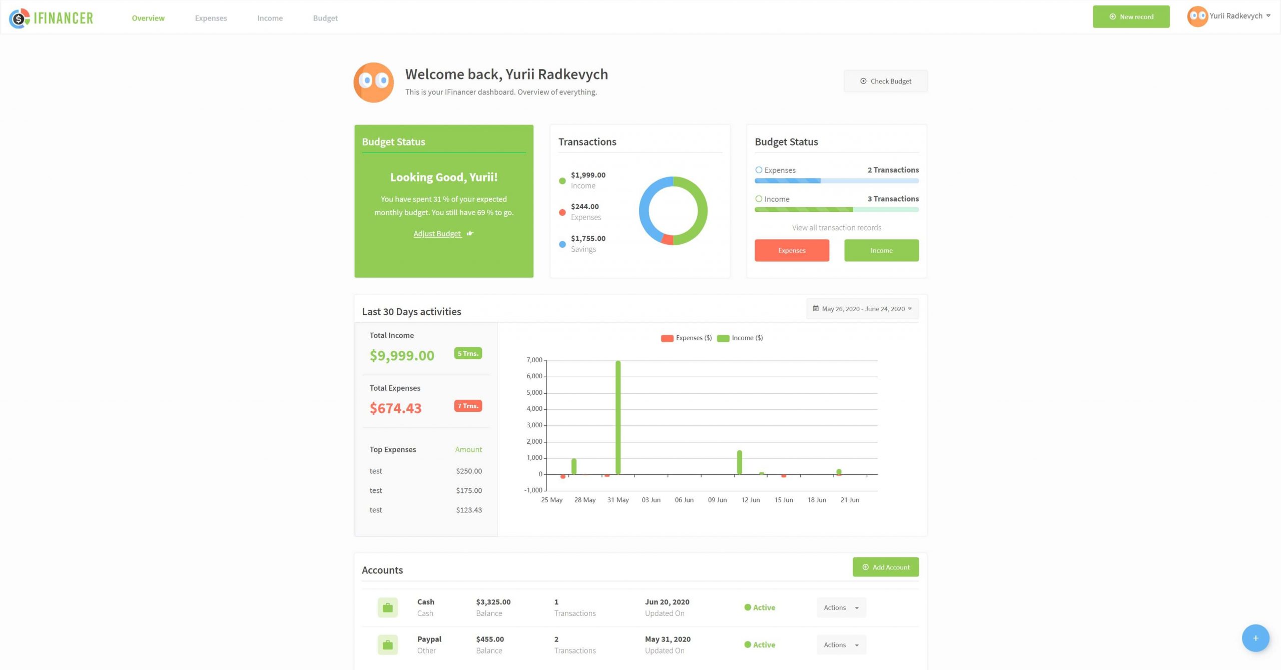iFinancer expense tracker dashboard UI