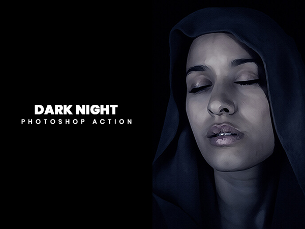 Dark night photoshop actions showcasing a woman in black and white filter