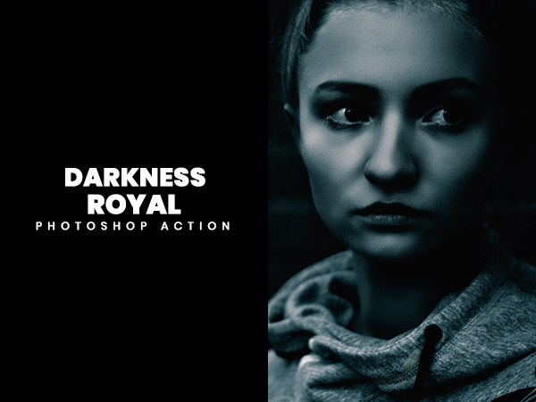 Darkness Royal Photoshop action showcasing a woman in blue grey hues