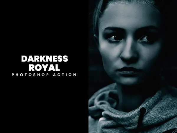 Darkness Royal Photoshop action showcasing a woman in blue grey hues
