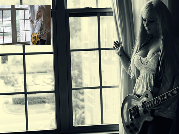 Darkness Blond PS Actions showcasing before after of a woman looking out a window