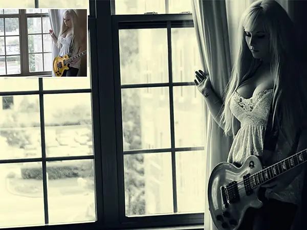 Darkness Blond PS Actions showcasing before after of a woman looking out a window