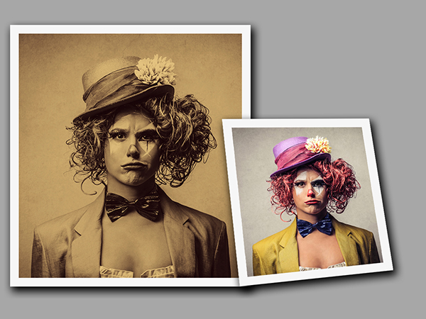 Woman Clown photograph before and after duotone effect