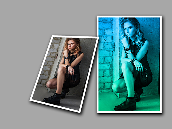 the image showcasing a woman's photograph before and after duotone effects