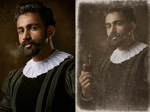 Before and after vintage photoshop action portrait of a man