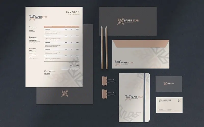 Stationery mockup set, including invoice, pens, clips, business cards, and envelops