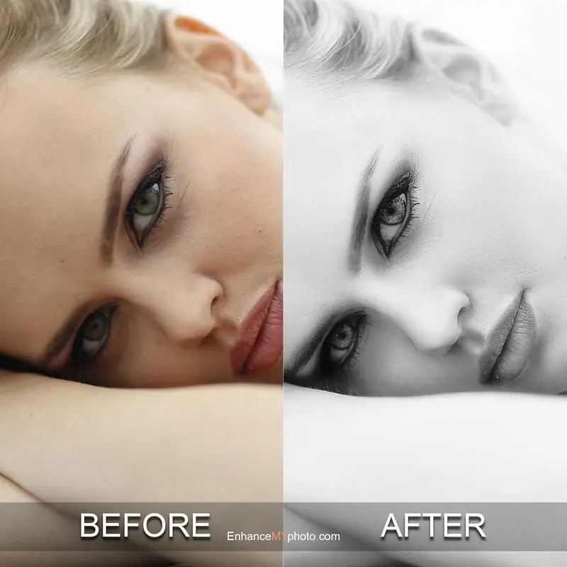 Before and after comparison of black and white conversion effect on a portrait.
