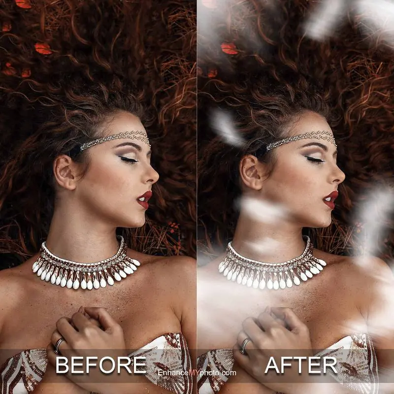 Original and dramatically enhanced image comparison using Feather white Photoshop Effects