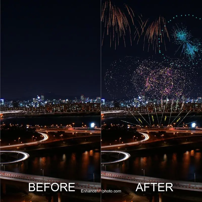 Before and after: city skyline with sharpening effect.