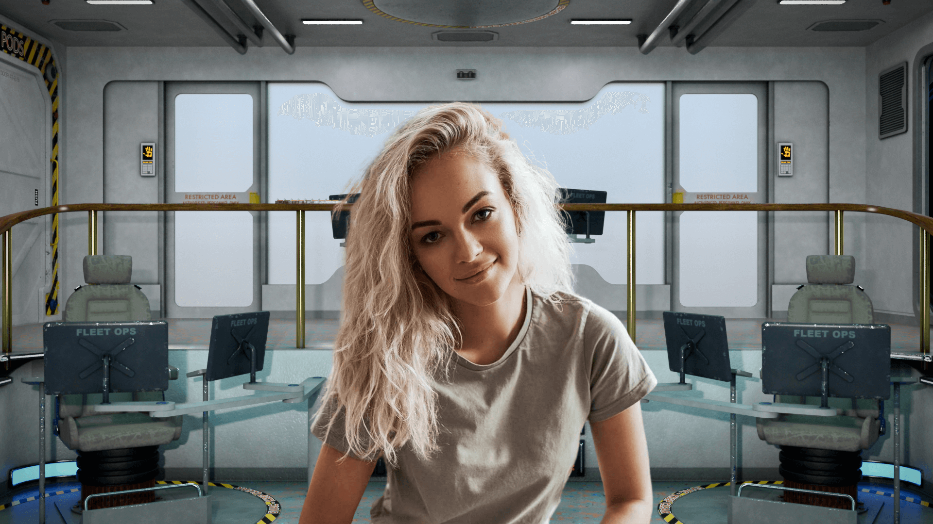 Woman sitting in office Virtual background