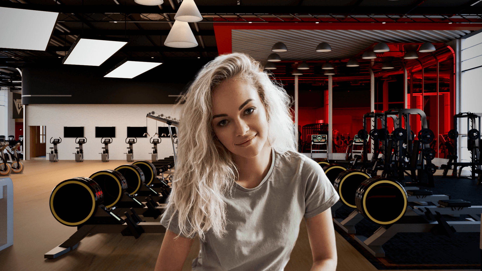 Woman sitting in front of a gym background