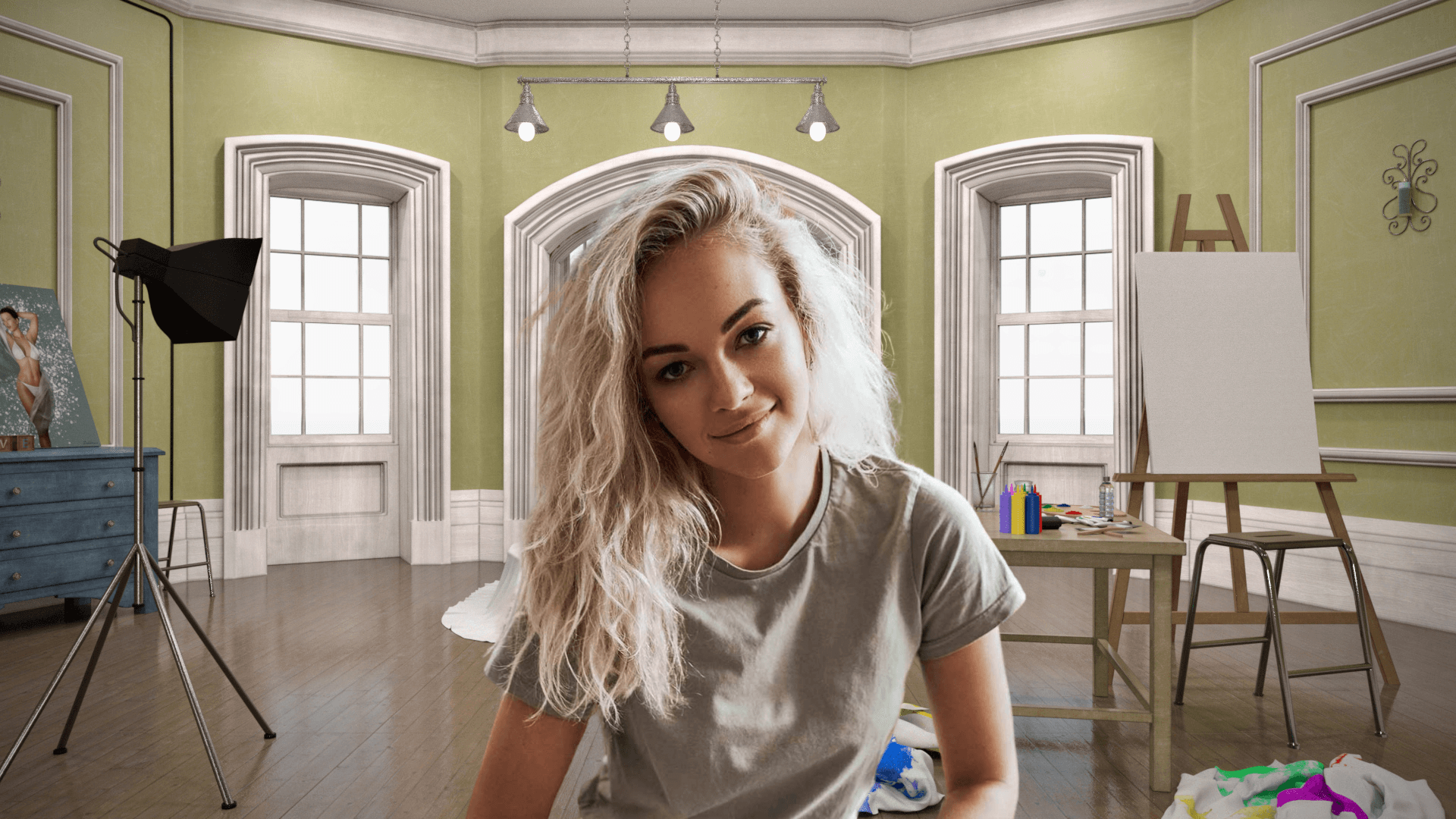 A photograph of a woman before a beige virtual background