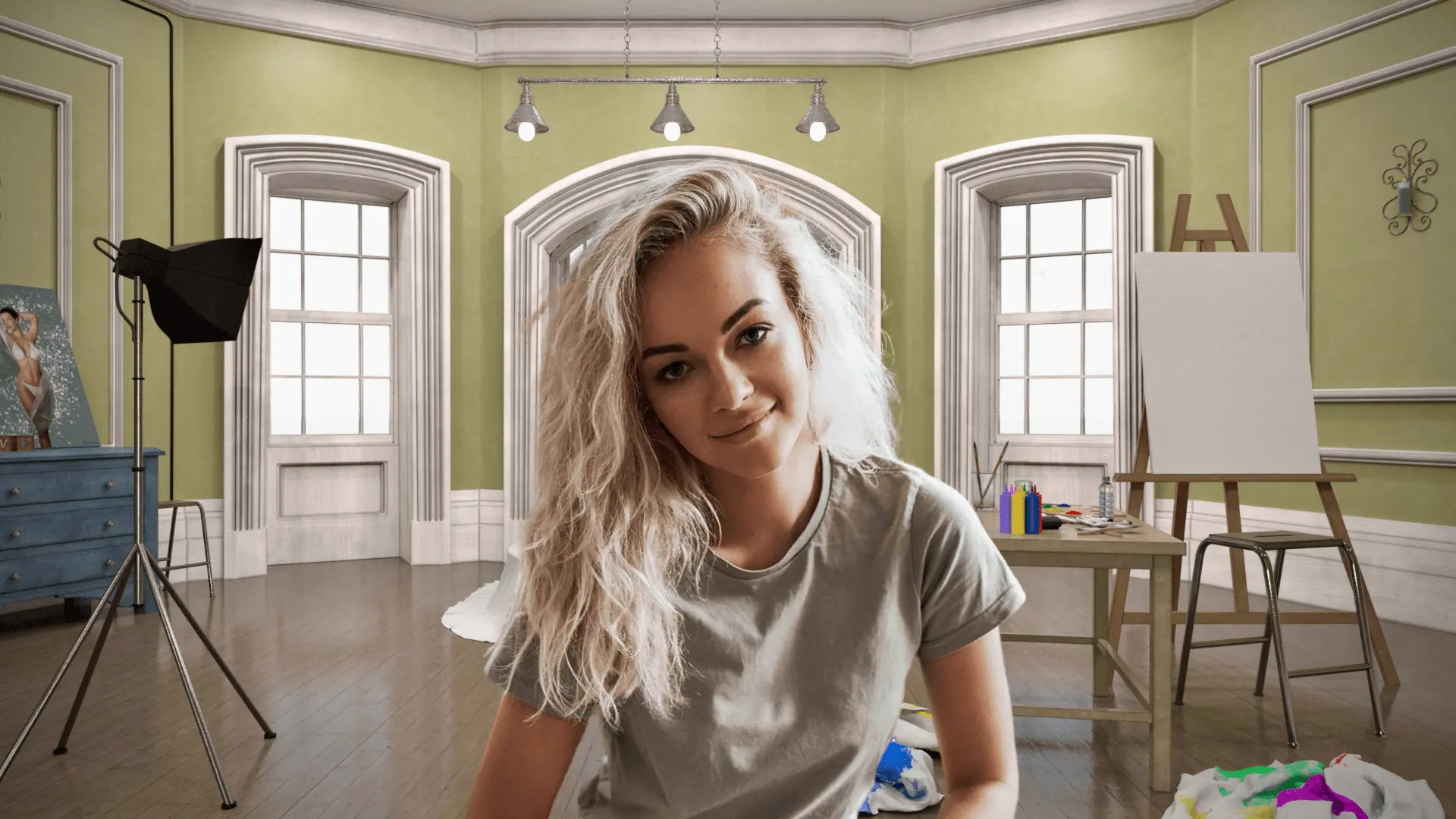A photograph of a woman before a beige virtual background