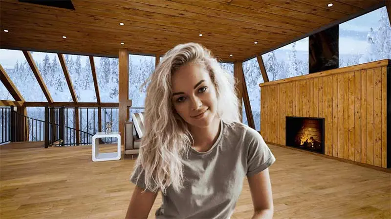 This is a picture of a woman with a virtual background of a living room in a beige color combination