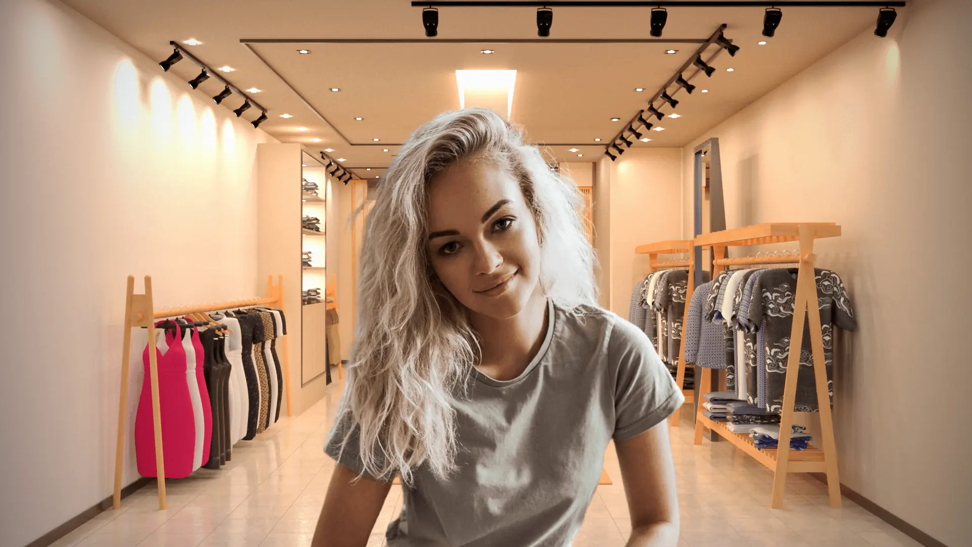 A photograph of a woman before a closet