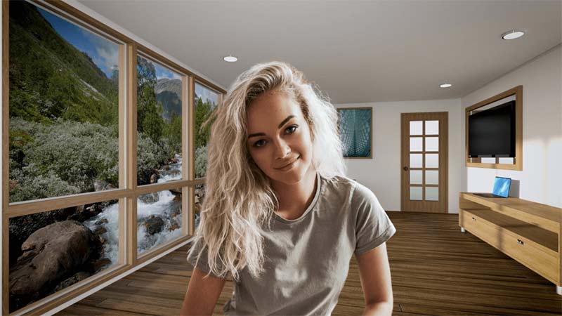 A woman sitting in front of a window background