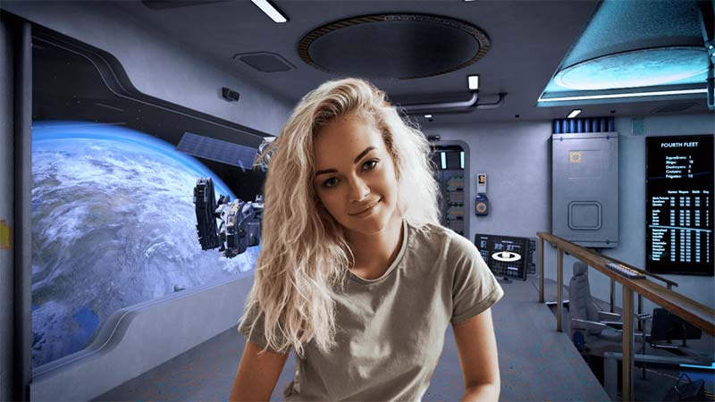 Woman sitting in front of a virtually designed background
