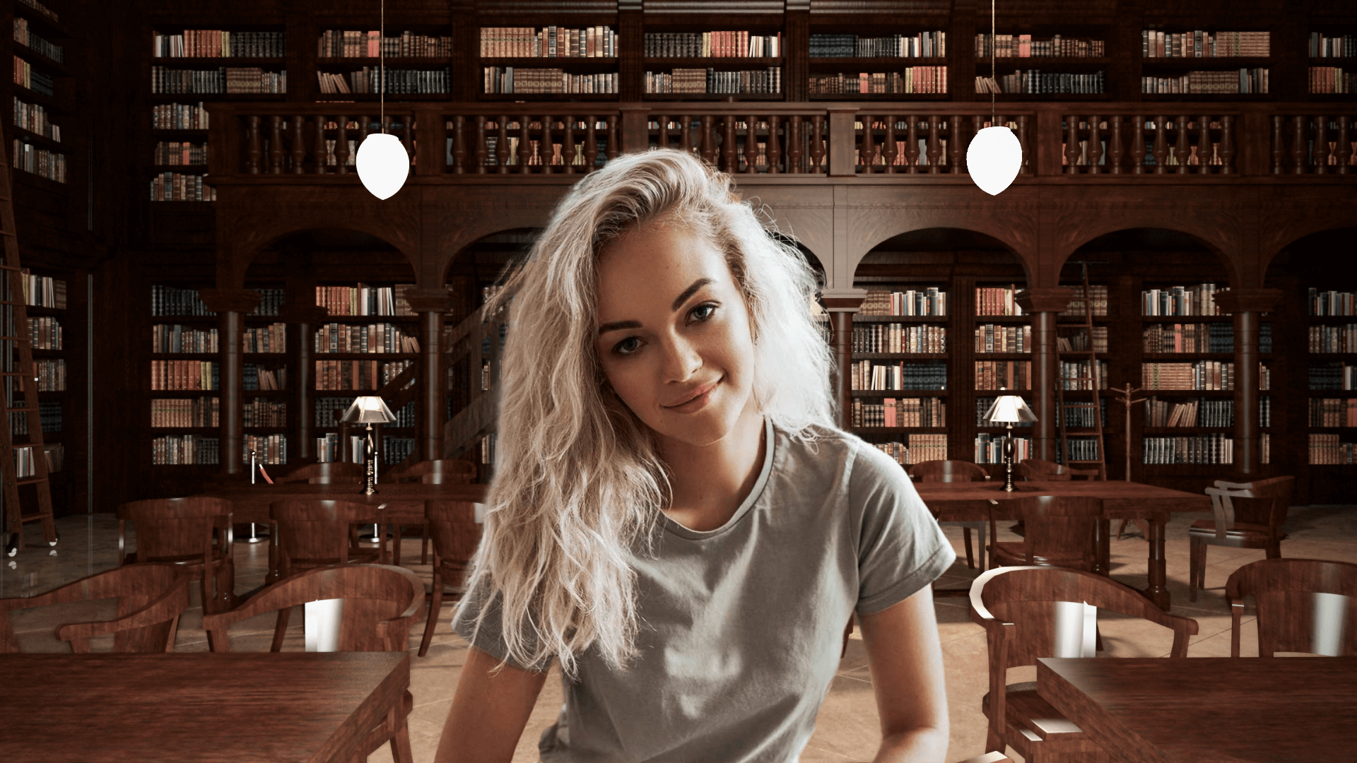 The picture showcases a women sitting before a library virtual background