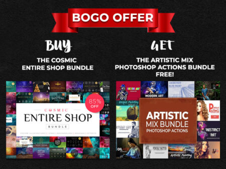 BOGO – Buy The Cosmic Shop Bundle & get FREE Artistic Mix PS Actions Bundle