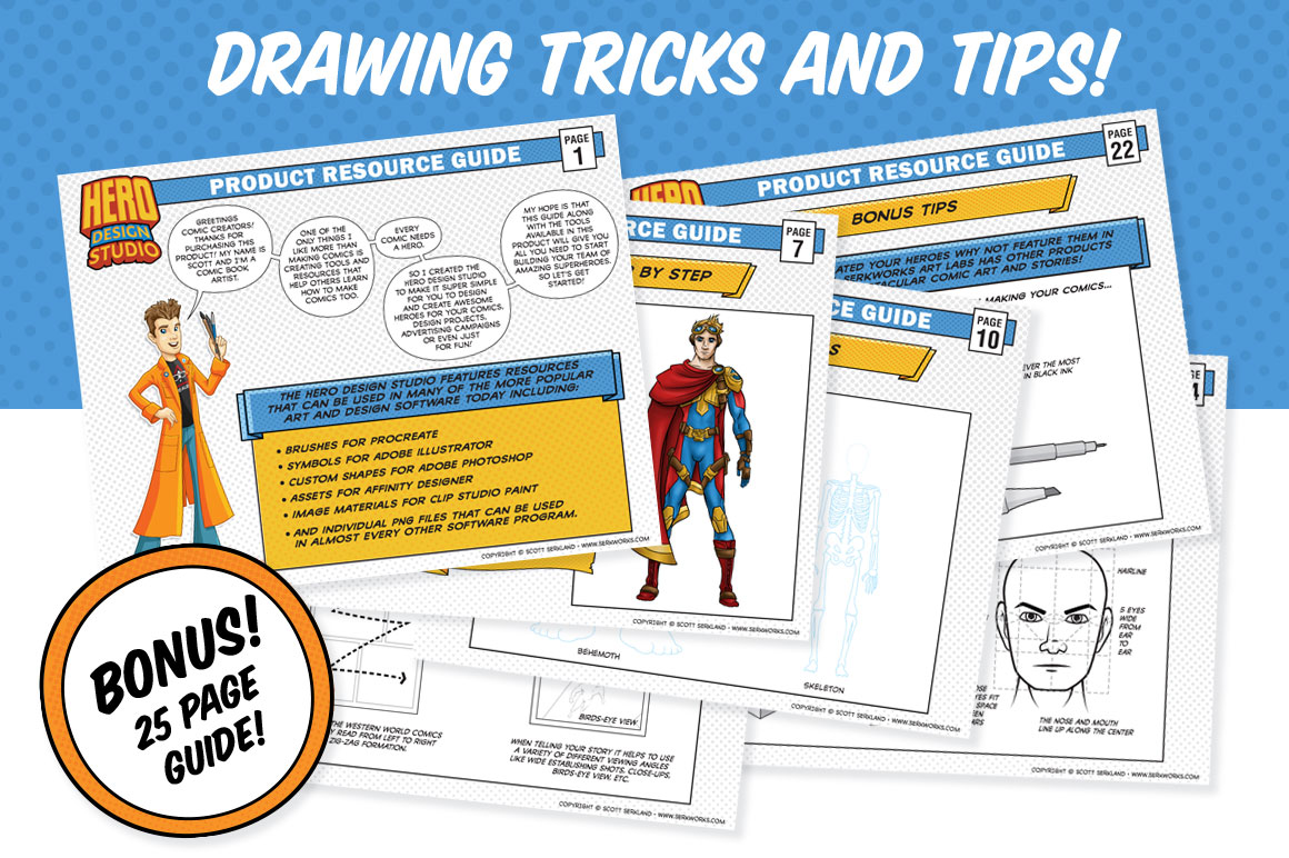 25 Page guide for drawing tricks and tips included in the hero design studio - superhero avatar creator