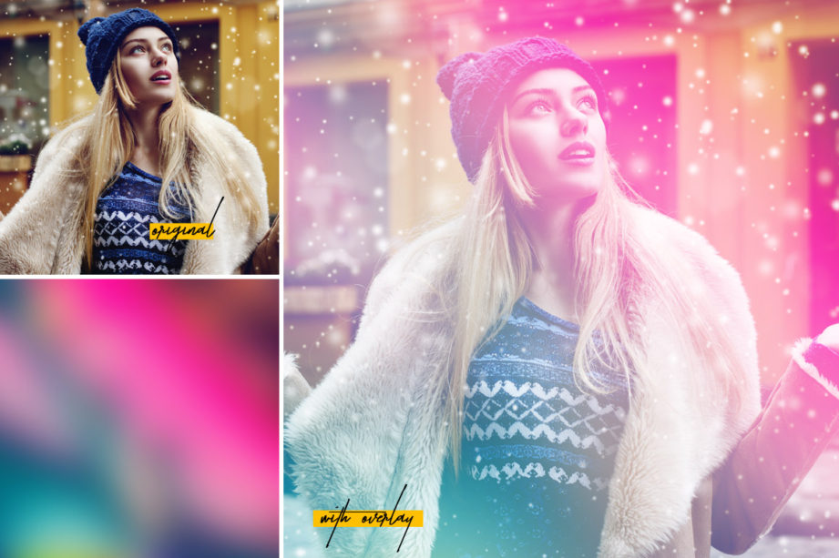 Before and after image of a woman with light leak overlay from the Gigantic Bundle