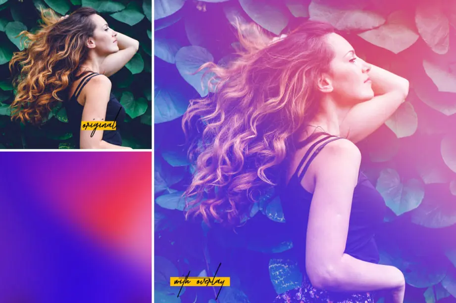 Before and after image of a woman with light leak overlay from the Gigantic Bundle