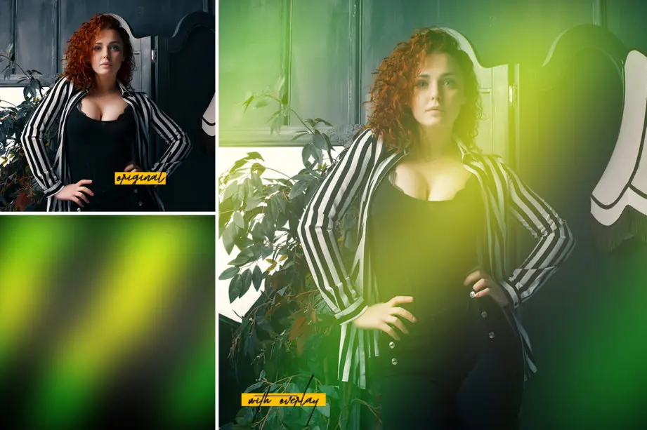 Woman's picture transformed with light leak overlay