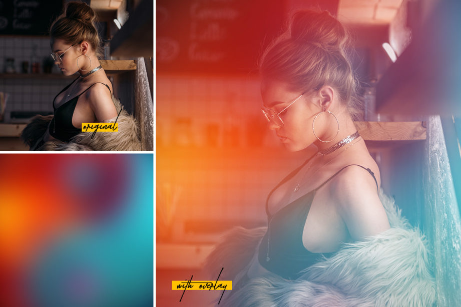 Light leak overlay on woman's portrait: before and after