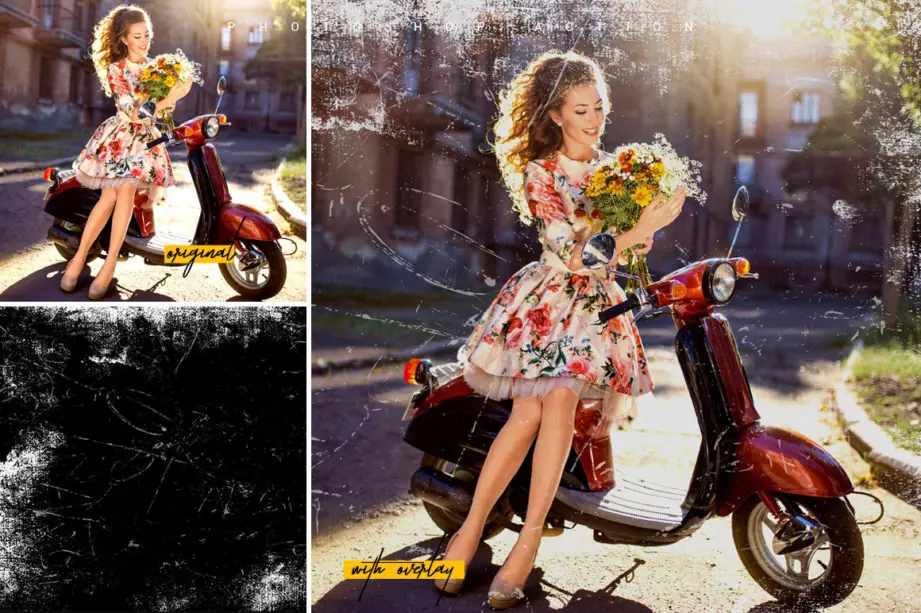 Grunge overlay on woman's portrait: before and after