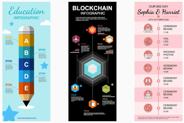 Collage fo Eduction Infographic, Blockchain Infographic and Wedding Infographic