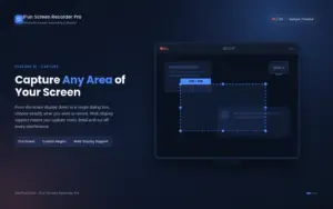 iFun Screen Recorder Pro interface showing a custom screen capture selection box with resize handles over a desktop, plus a second monitor icon indicating multi-display support.
