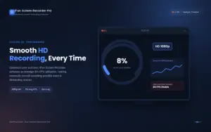 Performance dashboard showing an 8 percent average CPU usage gauge, an HD 1080p badge, and a smooth stable performance graph.
