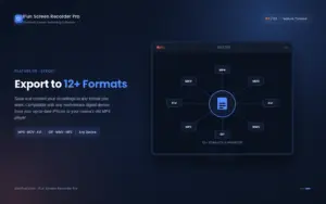 A central video file icon connected to eight surrounding format badges including MP4, MOV, AVI, WMV, GIF, MP3, FLV, and MKV, representing multiple export formats.