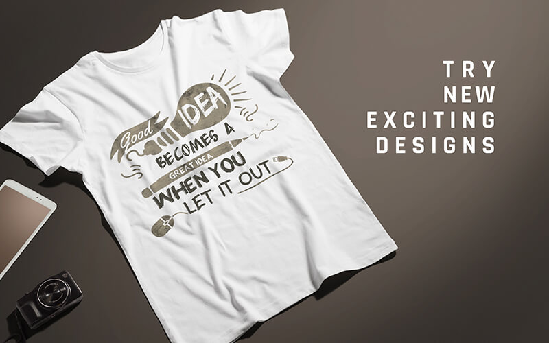 Exciting designs white t-shirt on brown background