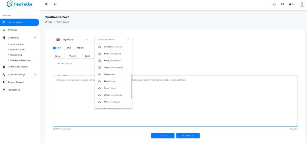 preview of textalky-interface showcasing the product dashboward