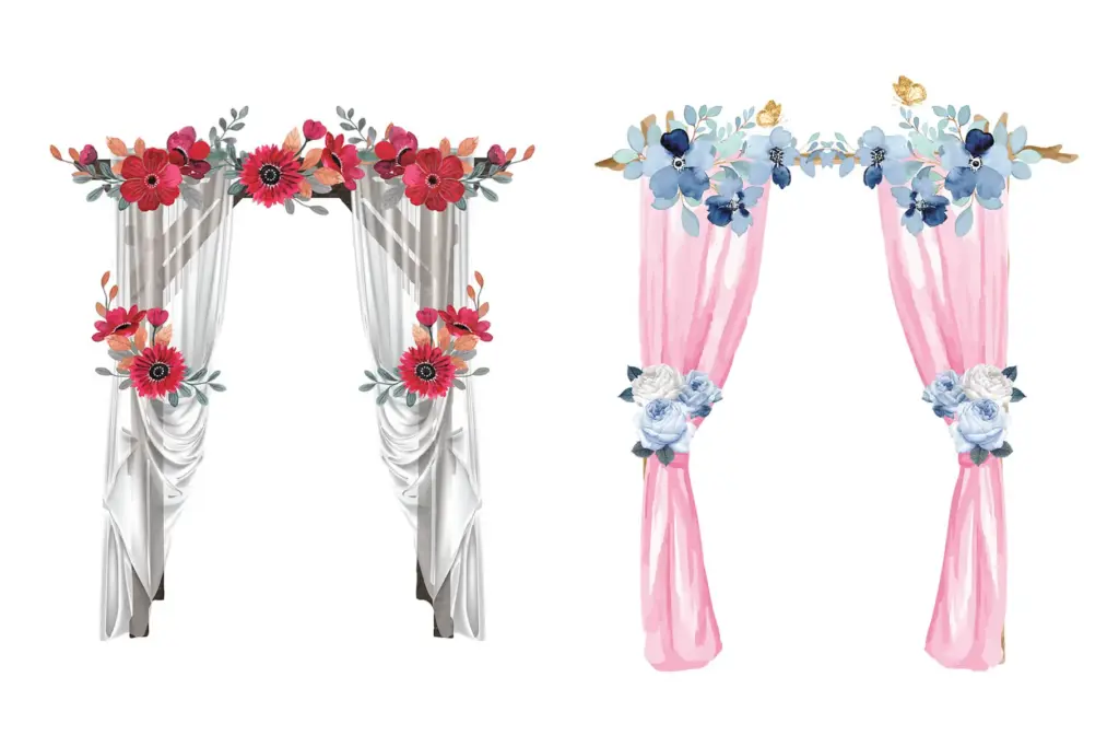 watercolor illustrations of pink and white wedding arches