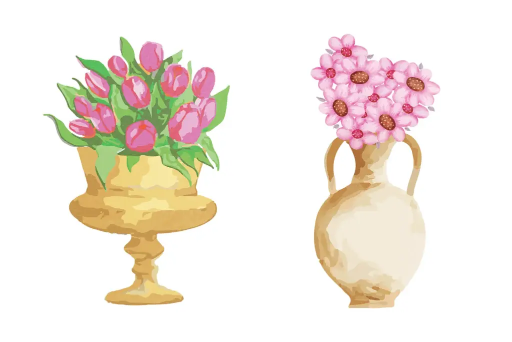 watercolor illustration of pink flowers in golden vase