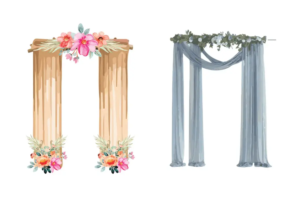 watercolor illustrations of yellow and grey wedding arches