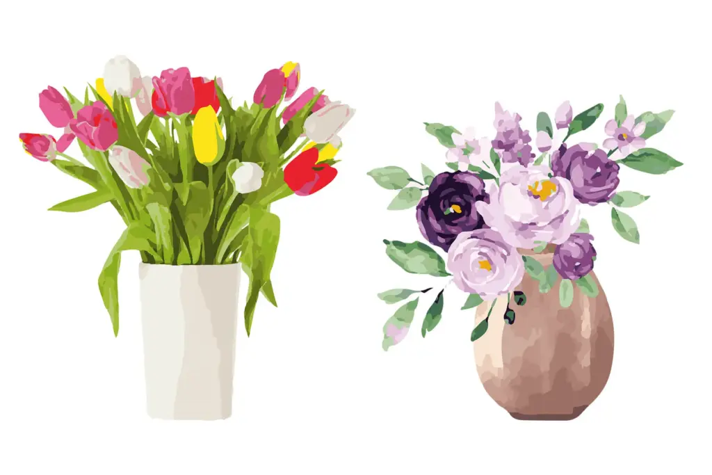 Watercolor illustration of multicolor flowers in vases