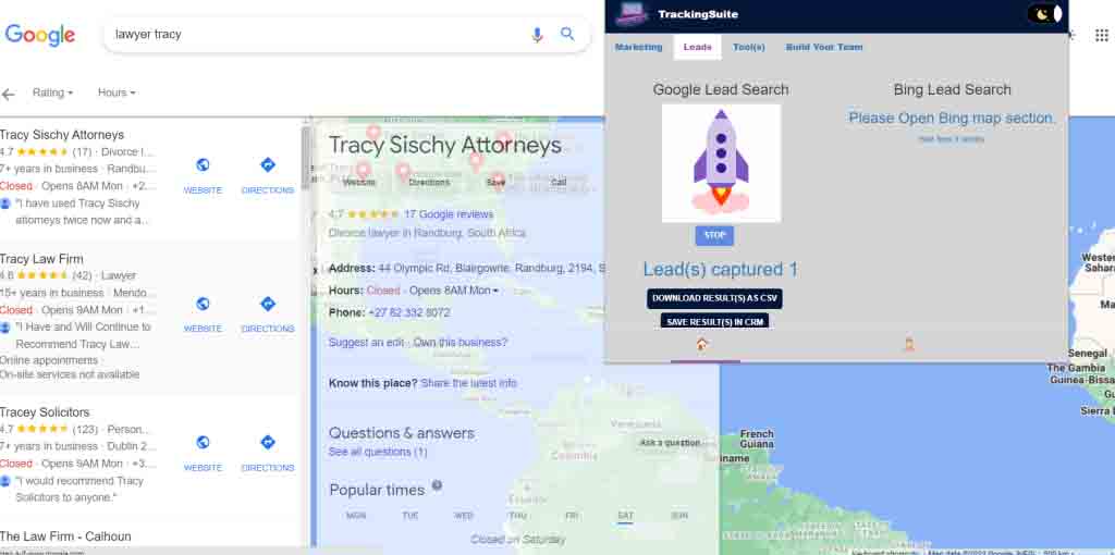 Google lead search feature of TrackingSuite - Sales Outreach tool