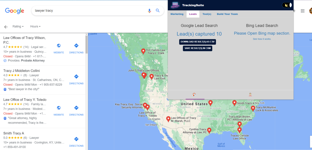 Google lead search results - trackingSuite
