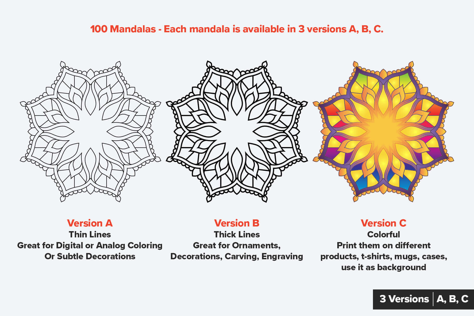 100 Mandalas—mandala available in 3 versions